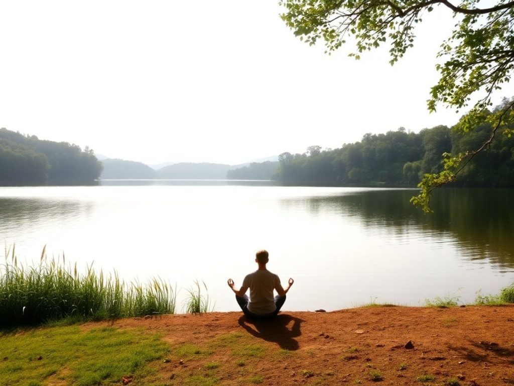 Persoană meditând lângă un lac liniștit în natură.