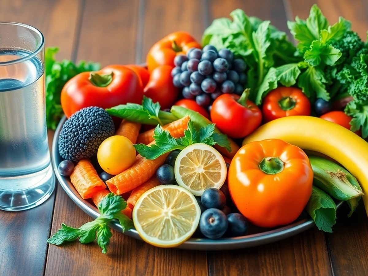 Masă sănătoasă cu fructe și legume proaspete.
