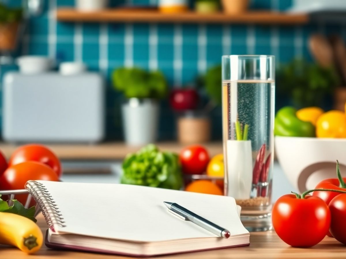 Bucătărie cu fructe, legume și apă proaspătă.