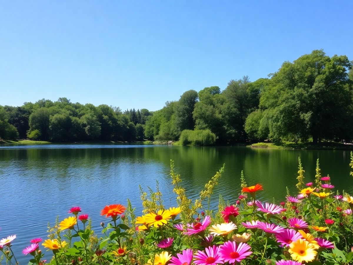 Peisaj liniștit cu lac și natură verde.