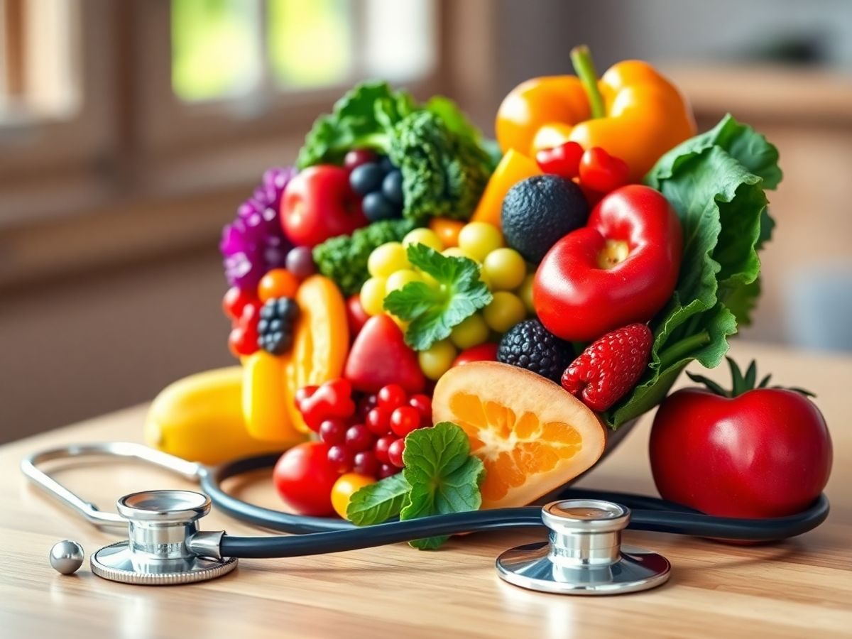 Aranjament de fructe și legume sănătoase pentru inimă.