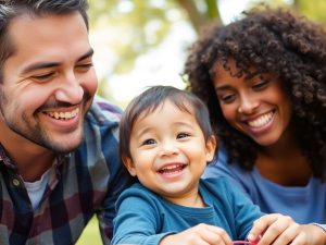 Părinte și copil jucându-se în natură.