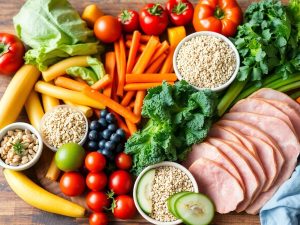 Alimentație sănătoasă: fructe, legume și cereale integrale.