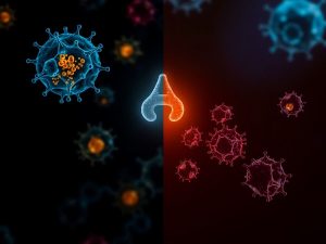 Celule sănătoase și deteriorate, cu antioxidant pe fundal