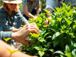 Oameni îngrijind plante, simbolizând sănătate și prevenție.