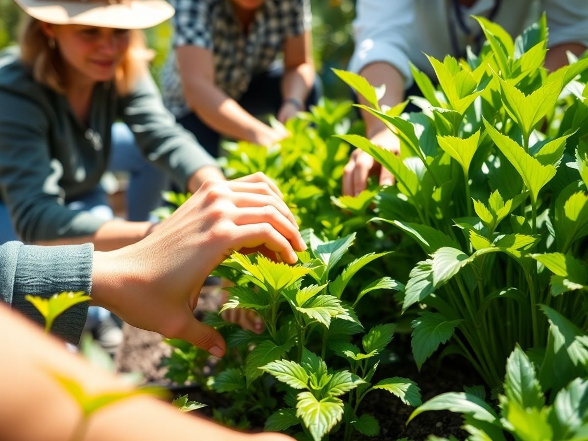 Oameni îngrijind plante, simbolizând sănătate și prevenție.