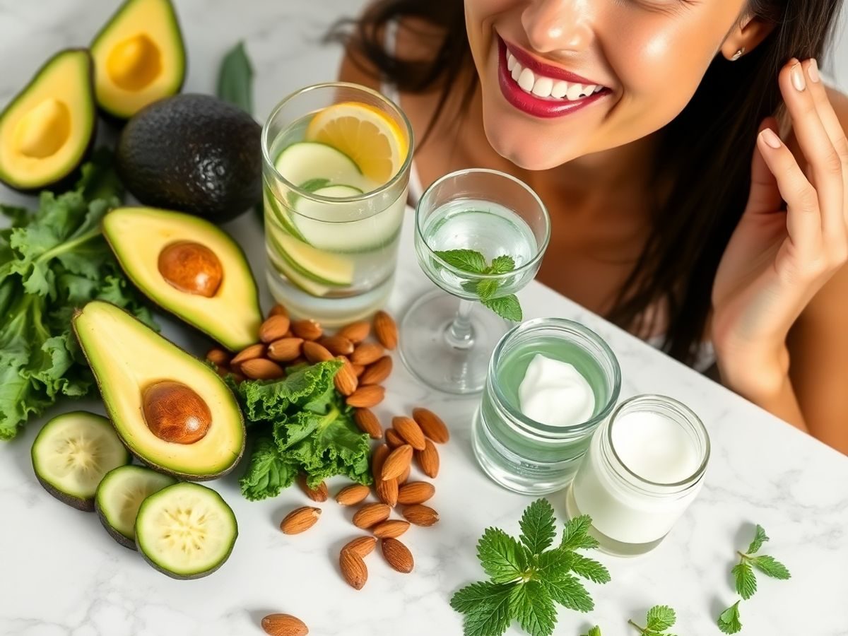 Femeie aplicând cremă pe față lângă proaspete fructe și legume