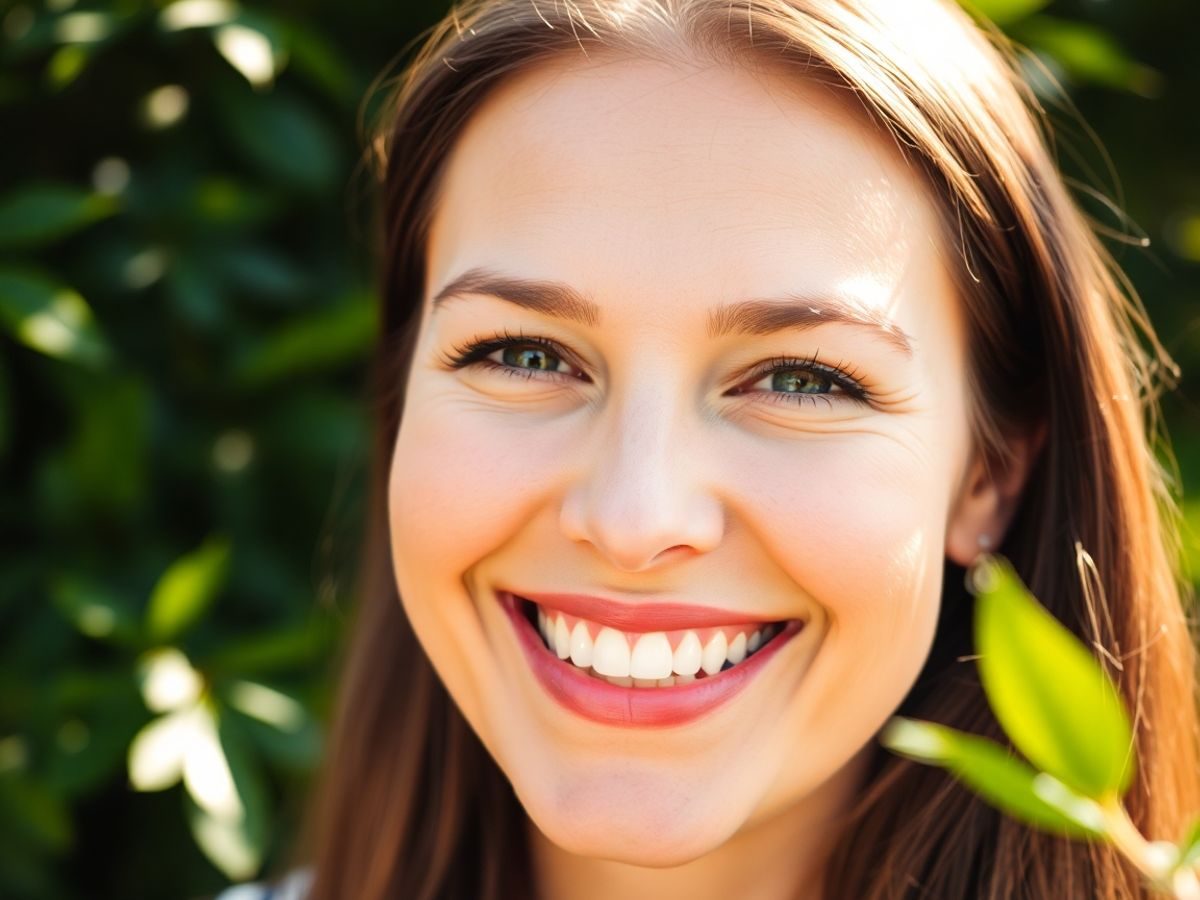 Femeie zâmbind, plină de vitalitate, natură verde.