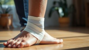 Persoană cu glezna bandajată, tratament rapid.