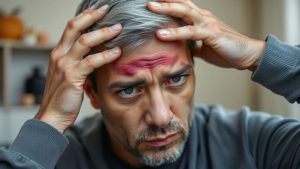 Persoană atingând fruntea, semn de lovitură la cap.